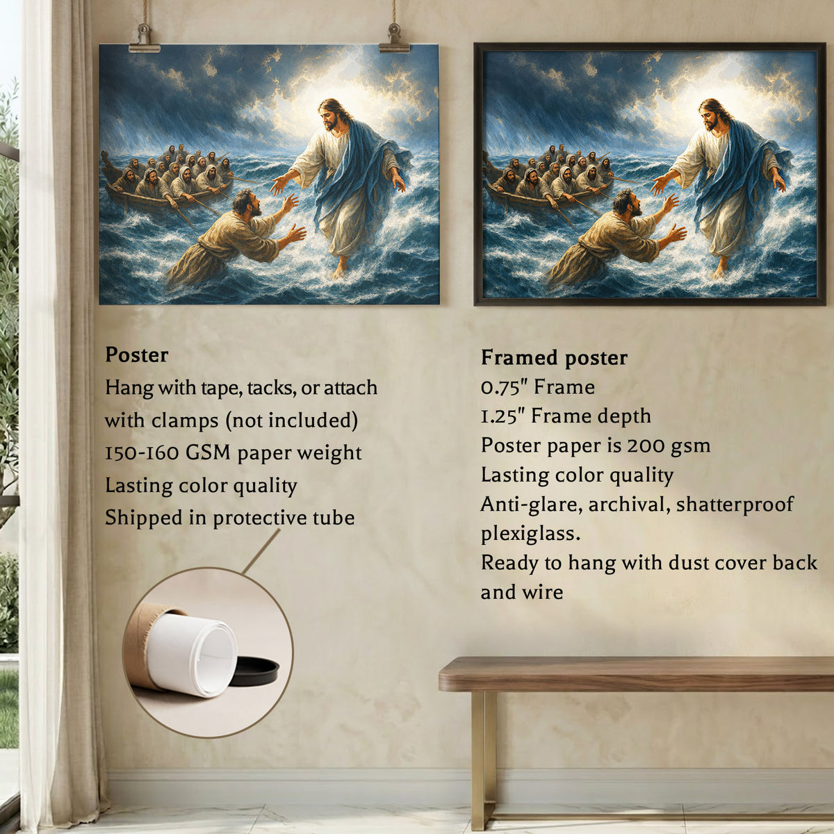 Jesus Christ Saves Peter From the Storm Christian Wall Art Poster/Canvas