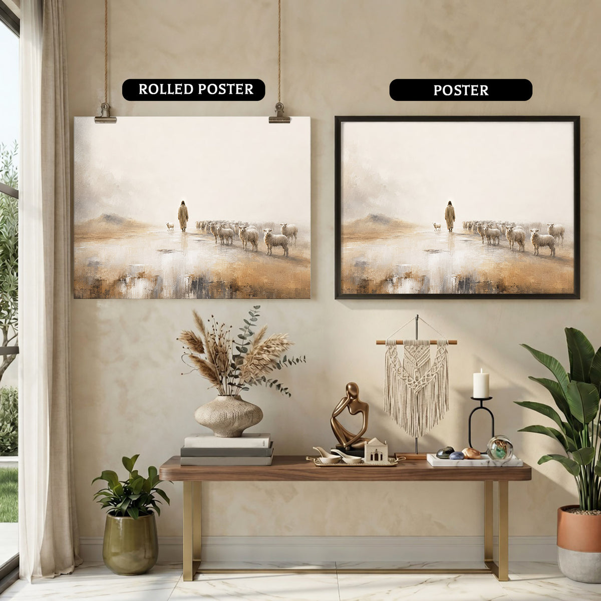 Jesus The Good Shepherd Leading His Flock Christian Wall Art Poster/Canvas