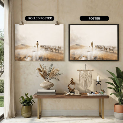 Jesus The Good Shepherd Leading His Flock Christian Wall Art Poster/Canvas