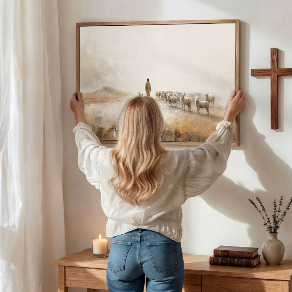 Jesus The Good Shepherd Leading His Flock Christian Wall Art Poster/Canvas