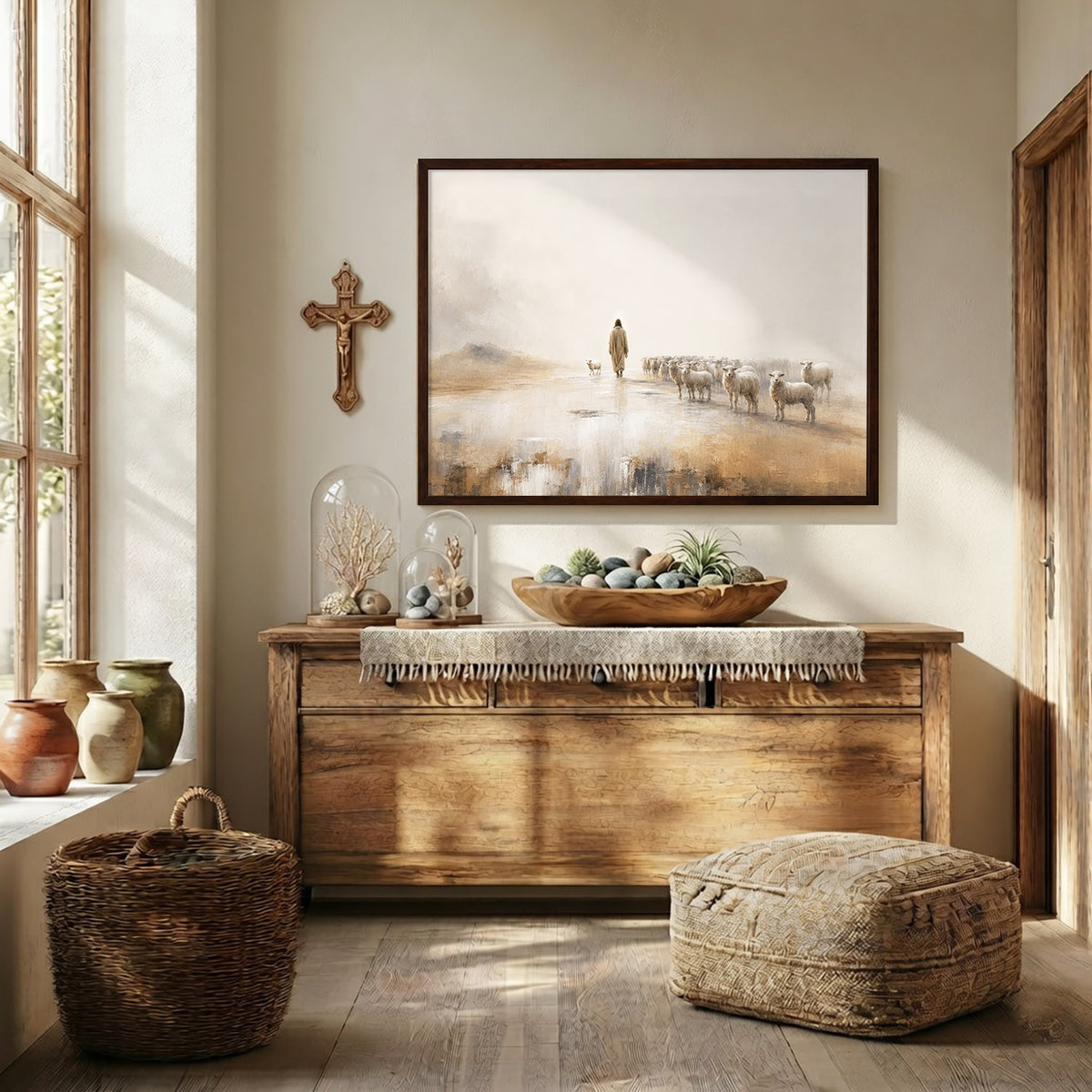 Jesus The Good Shepherd Leading His Flock Christian Wall Art Poster/Canvas