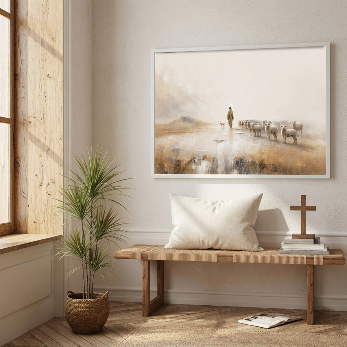 Jesus The Good Shepherd Leading His Flock Christian Wall Art Poster/Canvas