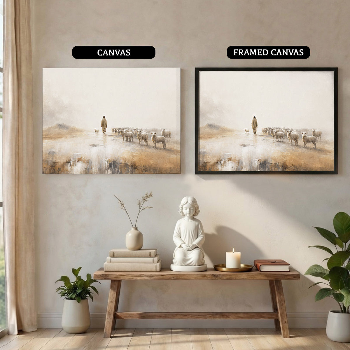 Jesus The Good Shepherd Leading His Flock Christian Wall Art Poster/Canvas
