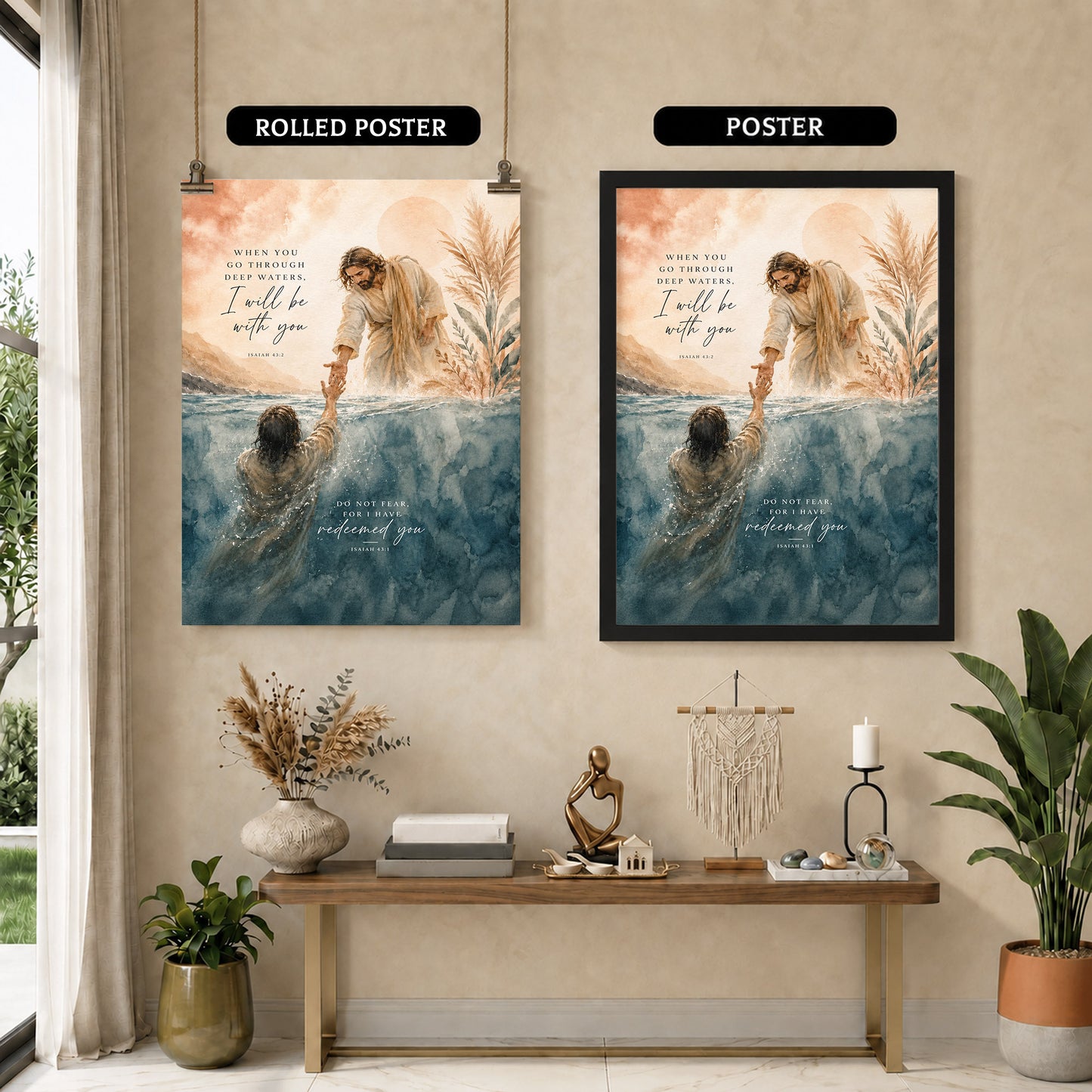 When You Go Through Deep Waters Jesus Rescue Christian Wall Art Poster/Canvas