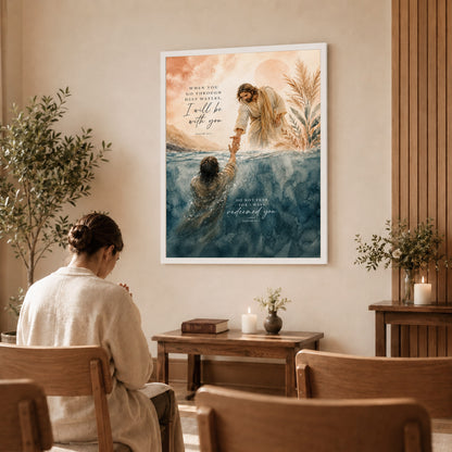 When You Go Through Deep Waters Jesus Rescue Christian Wall Art Poster/Canvas