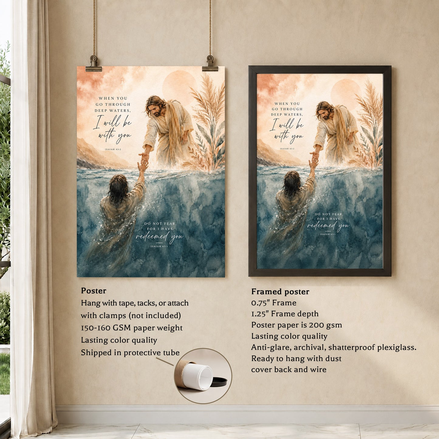 When You Go Through Deep Waters Jesus Rescue Christian Wall Art Poster/Canvas
