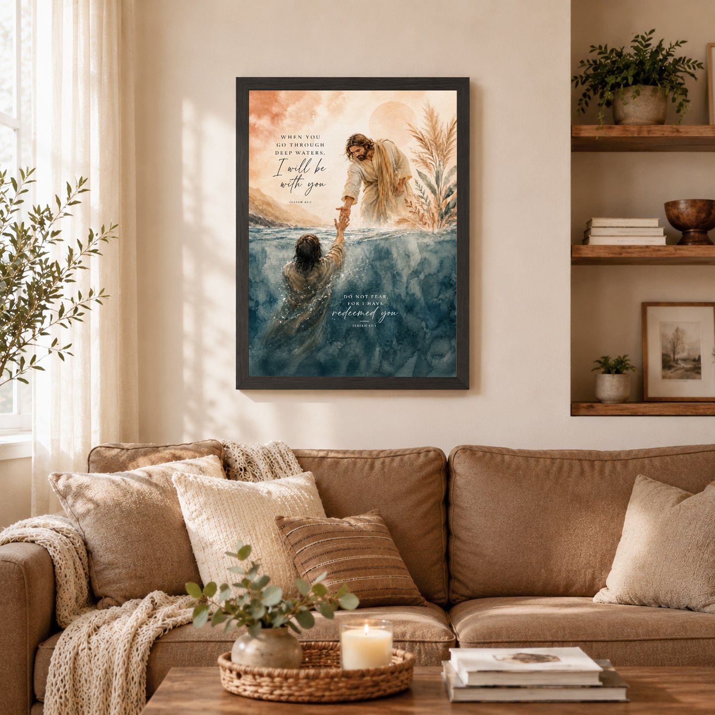 When You Go Through Deep Waters Jesus Rescue Christian Wall Art Poster/Canvas