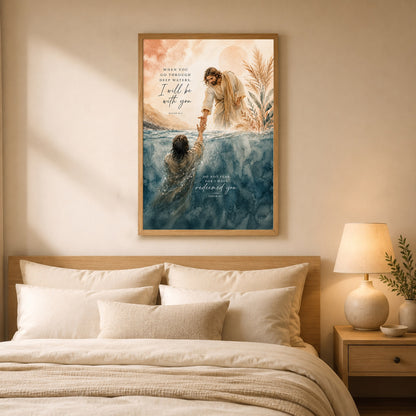 When You Go Through Deep Waters Jesus Rescue Christian Wall Art Poster/Canvas