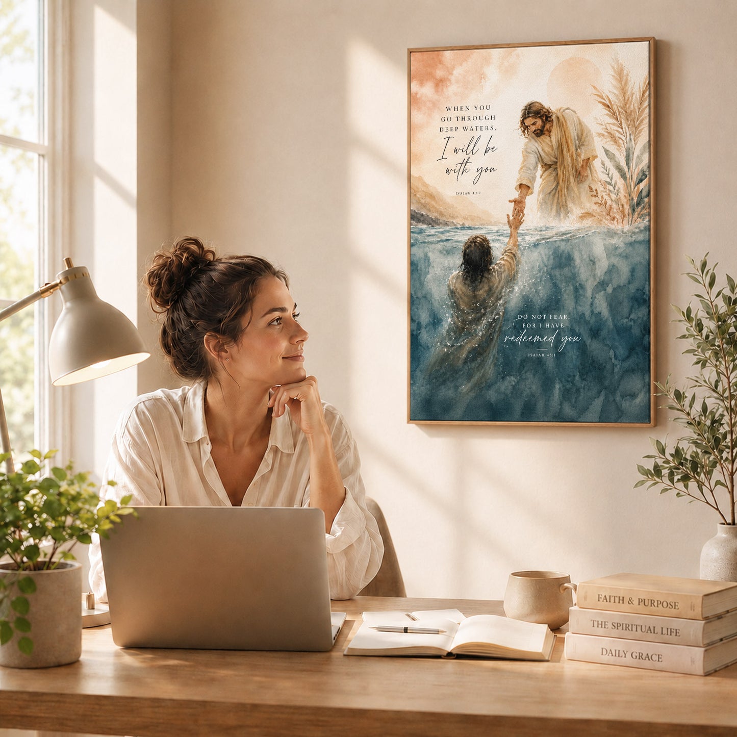 When You Go Through Deep Waters Jesus Rescue Christian Wall Art Poster/Canvas