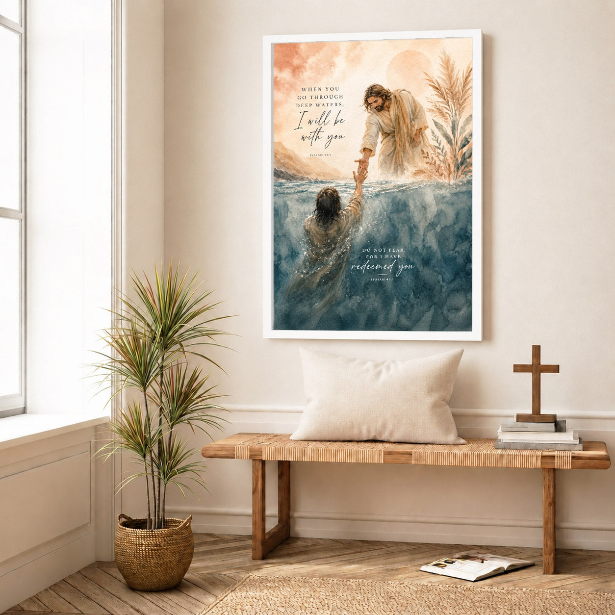 When You Go Through Deep Waters Jesus Rescue Christian Wall Art Poster/Canvas