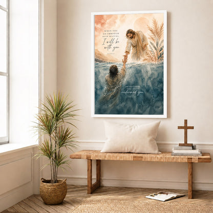 When You Go Through Deep Waters Jesus Rescue Christian Wall Art Poster/Canvas