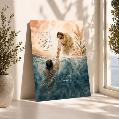 When You Go Through Deep Waters Jesus Rescue Christian Wall Art Poster/Canvas