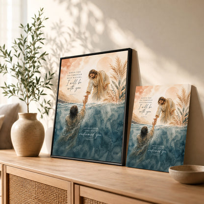 When You Go Through Deep Waters Jesus Rescue Christian Wall Art Poster/Canvas