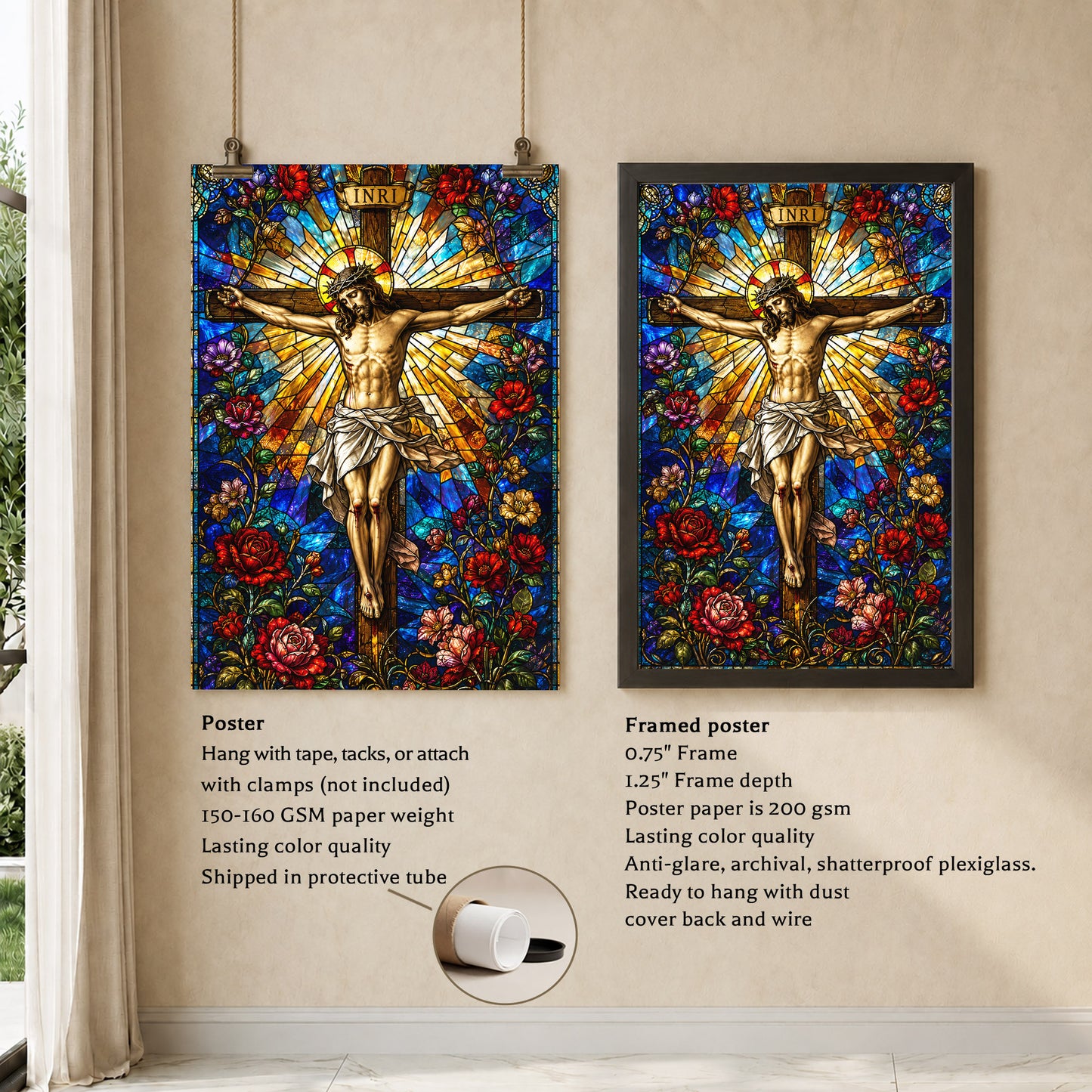 Jesus Crucifixion Stained Glass Christian Wall Art Poster/Canvas