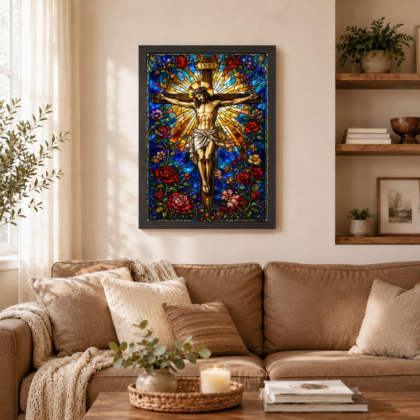 Jesus Crucifixion Stained Glass Christian Wall Art Poster/Canvas