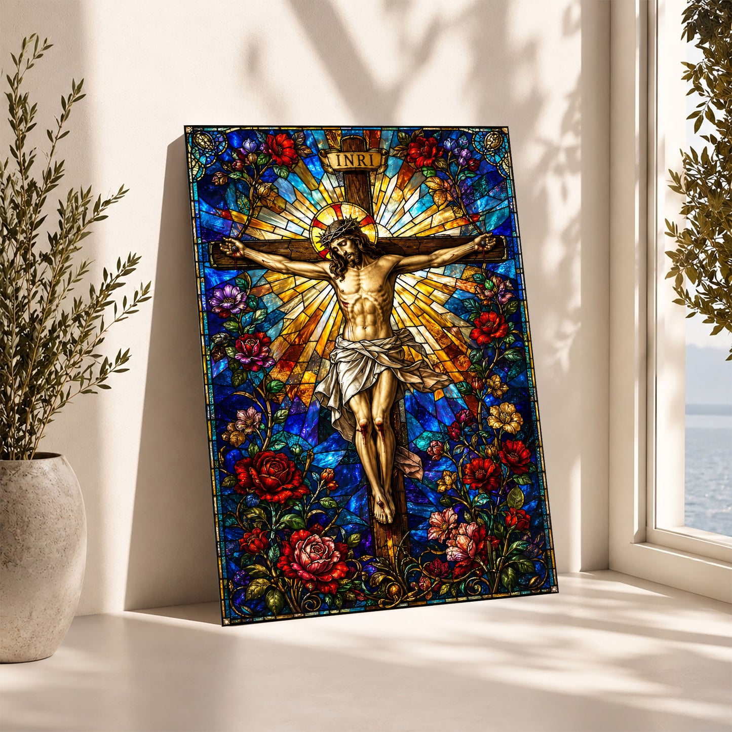 Jesus Crucifixion Stained Glass Christian Wall Art Poster/Canvas