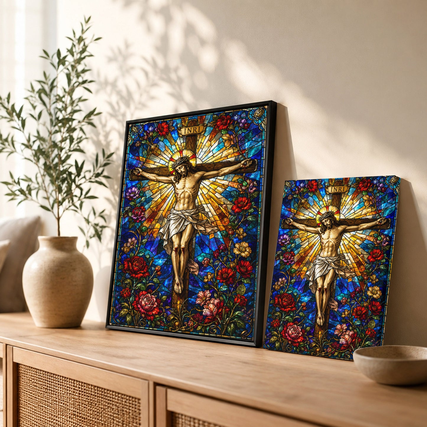 Jesus Crucifixion Stained Glass Christian Wall Art Poster/Canvas