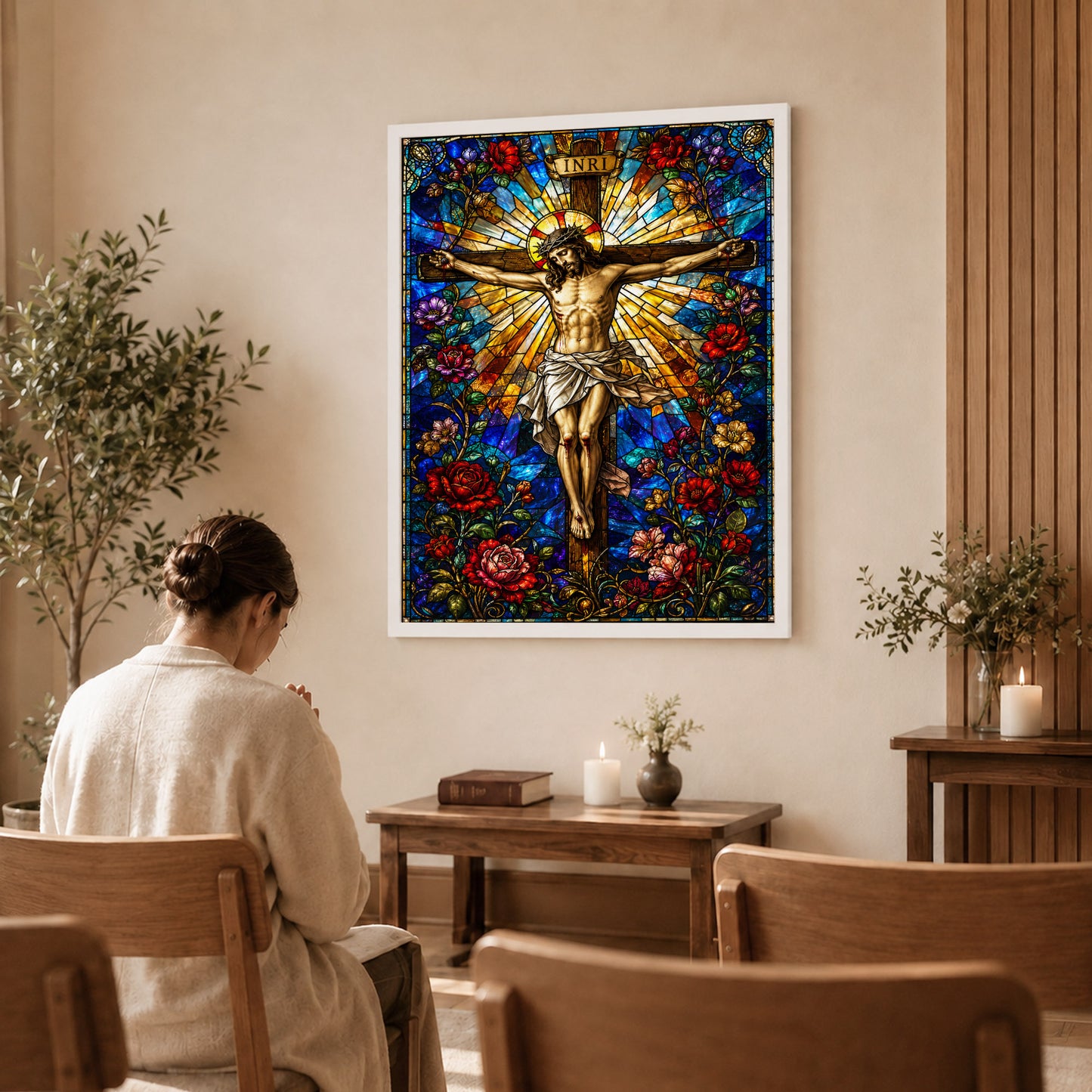 Jesus Crucifixion Stained Glass Christian Wall Art Poster/Canvas