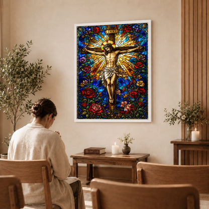 Jesus Crucifixion Stained Glass Christian Wall Art Poster/Canvas