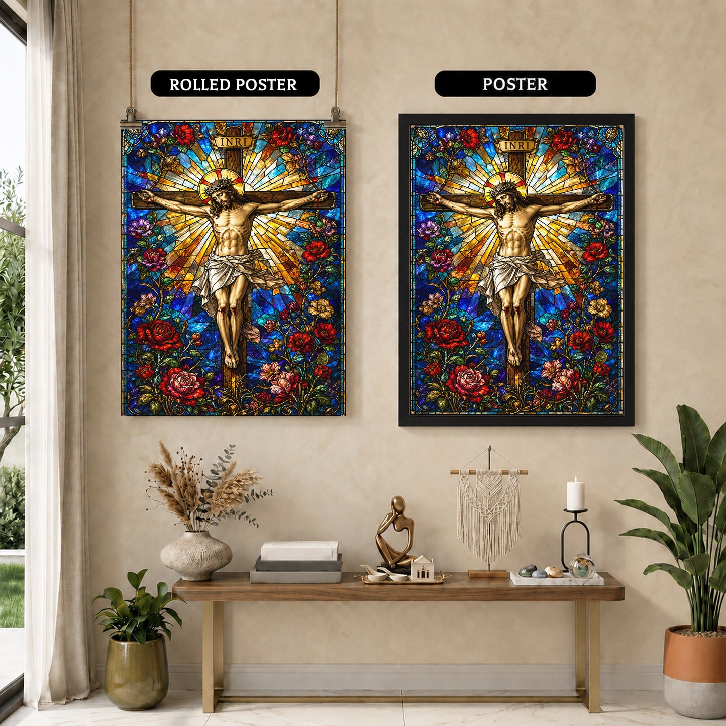 Jesus Crucifixion Stained Glass Christian Wall Art Poster/Canvas