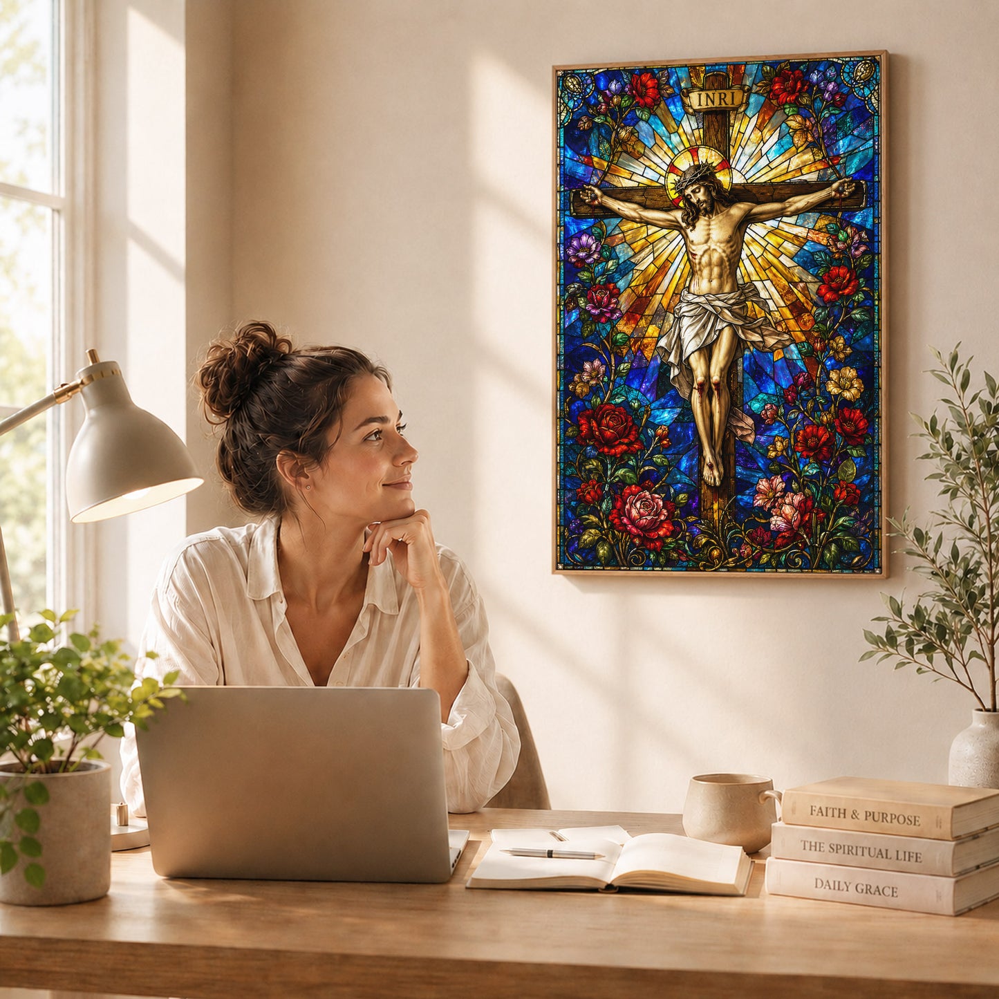 Jesus Crucifixion Stained Glass Christian Wall Art Poster/Canvas