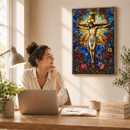 Jesus Crucifixion Stained Glass Christian Wall Art Poster/Canvas