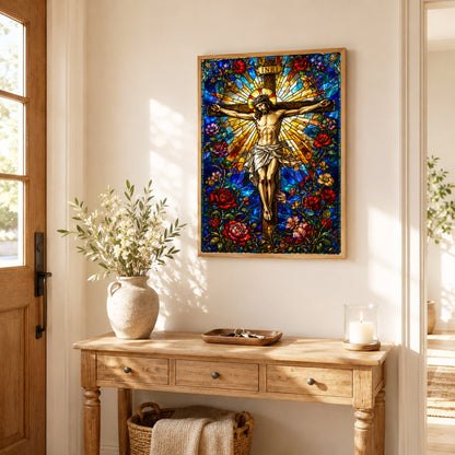 Jesus Crucifixion Stained Glass Christian Wall Art Poster/Canvas