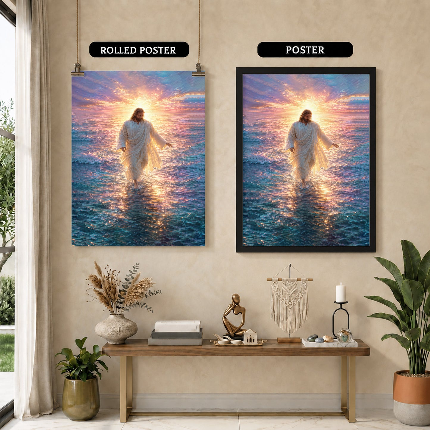 Jesus Walking on Water Sunset Christian Wall Art Poster/Canvas