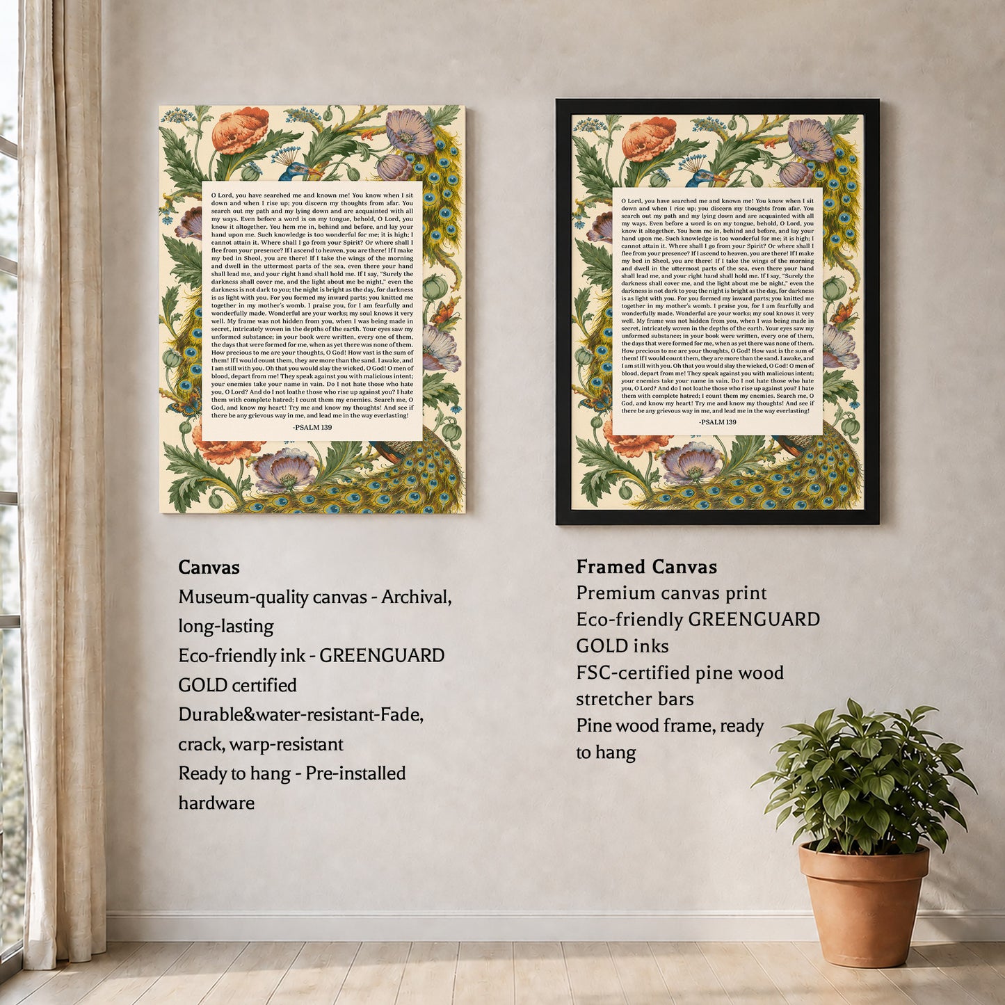 Psalm 139 Scripture Floral Peacock Christian Wall Art Poster/Canvas