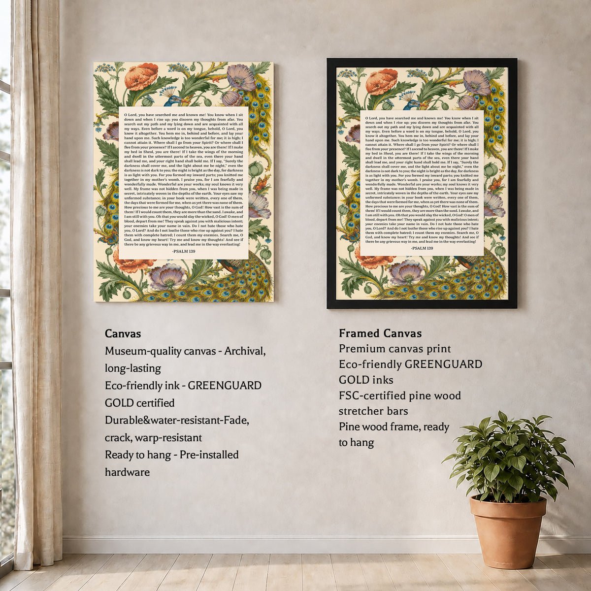 Psalm 139 Scripture Floral Peacock Christian Wall Art Poster/Canvas