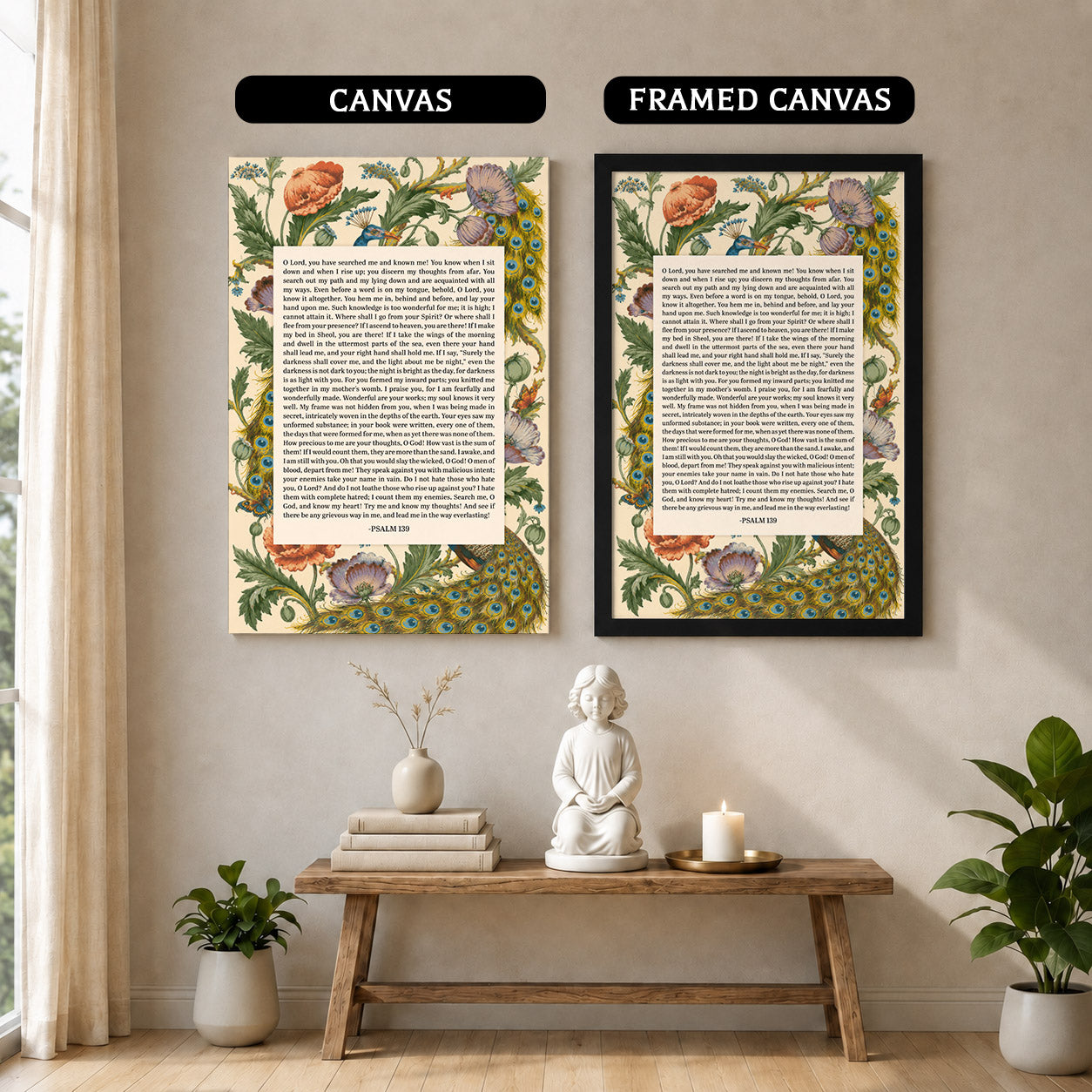 Psalm 139 Scripture Floral Peacock Christian Wall Art Poster/Canvas