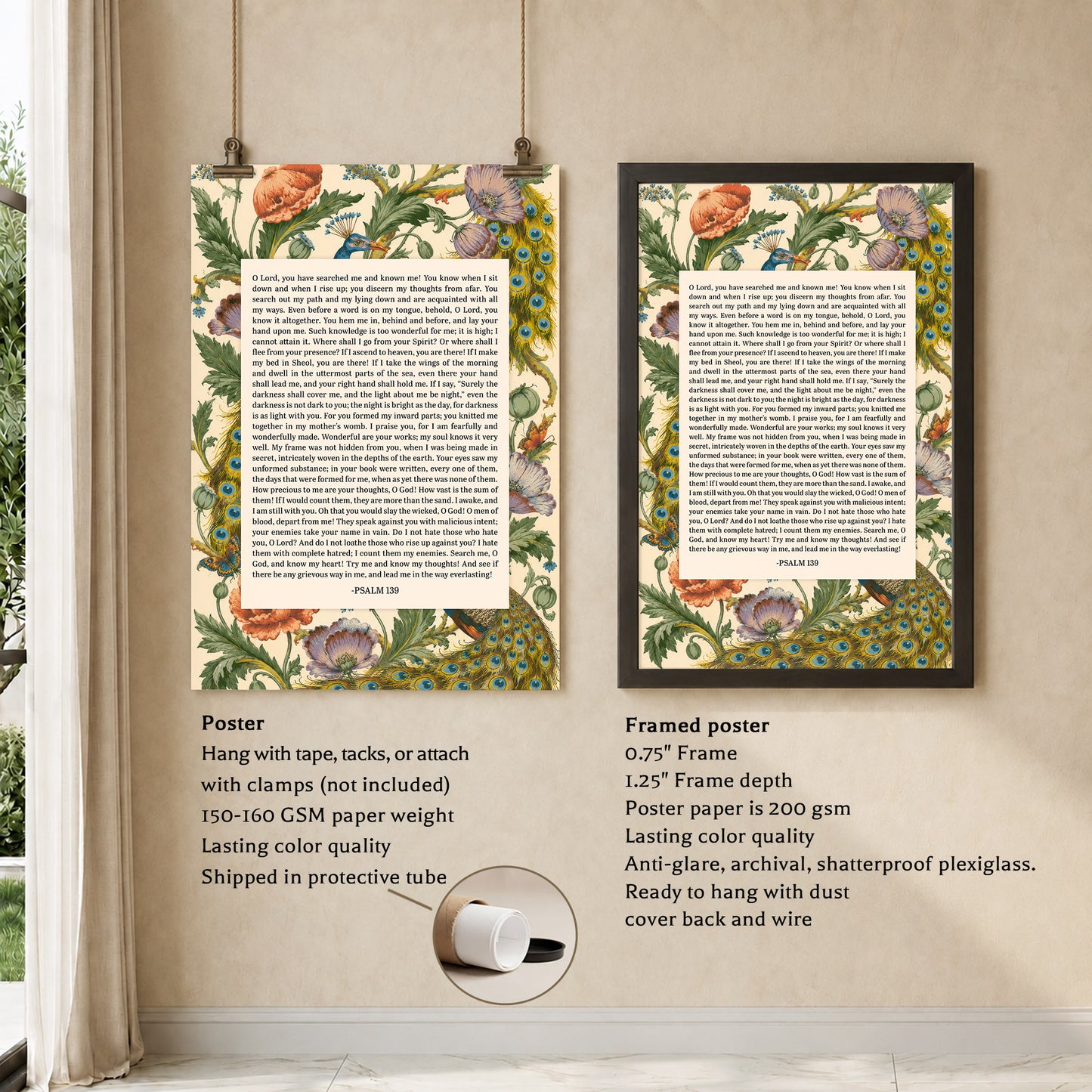 Psalm 139 Scripture Floral Peacock Christian Wall Art Poster/Canvas