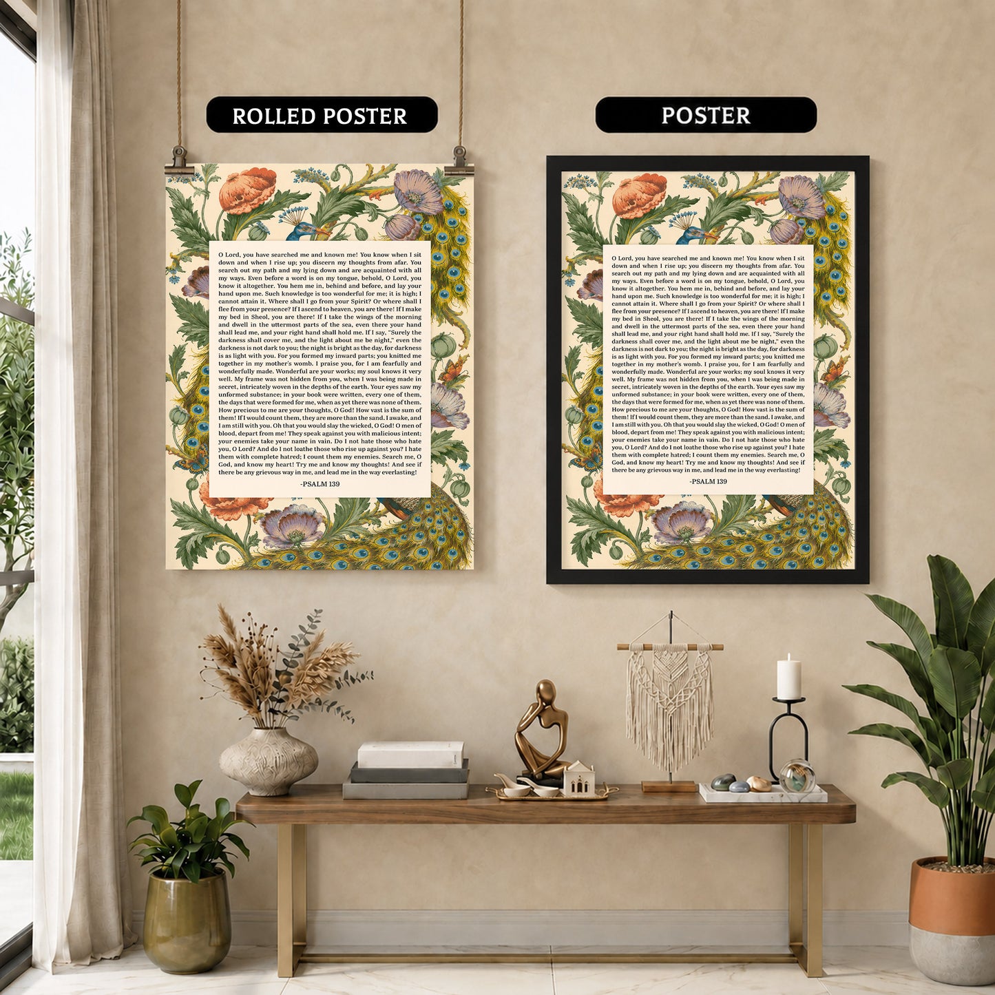 Psalm 139 Scripture Floral Peacock Christian Wall Art Poster/Canvas
