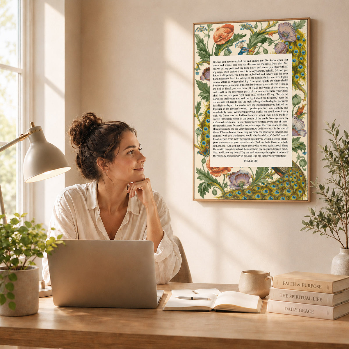 Psalm 139 Scripture Floral Peacock Christian Wall Art Poster/Canvas