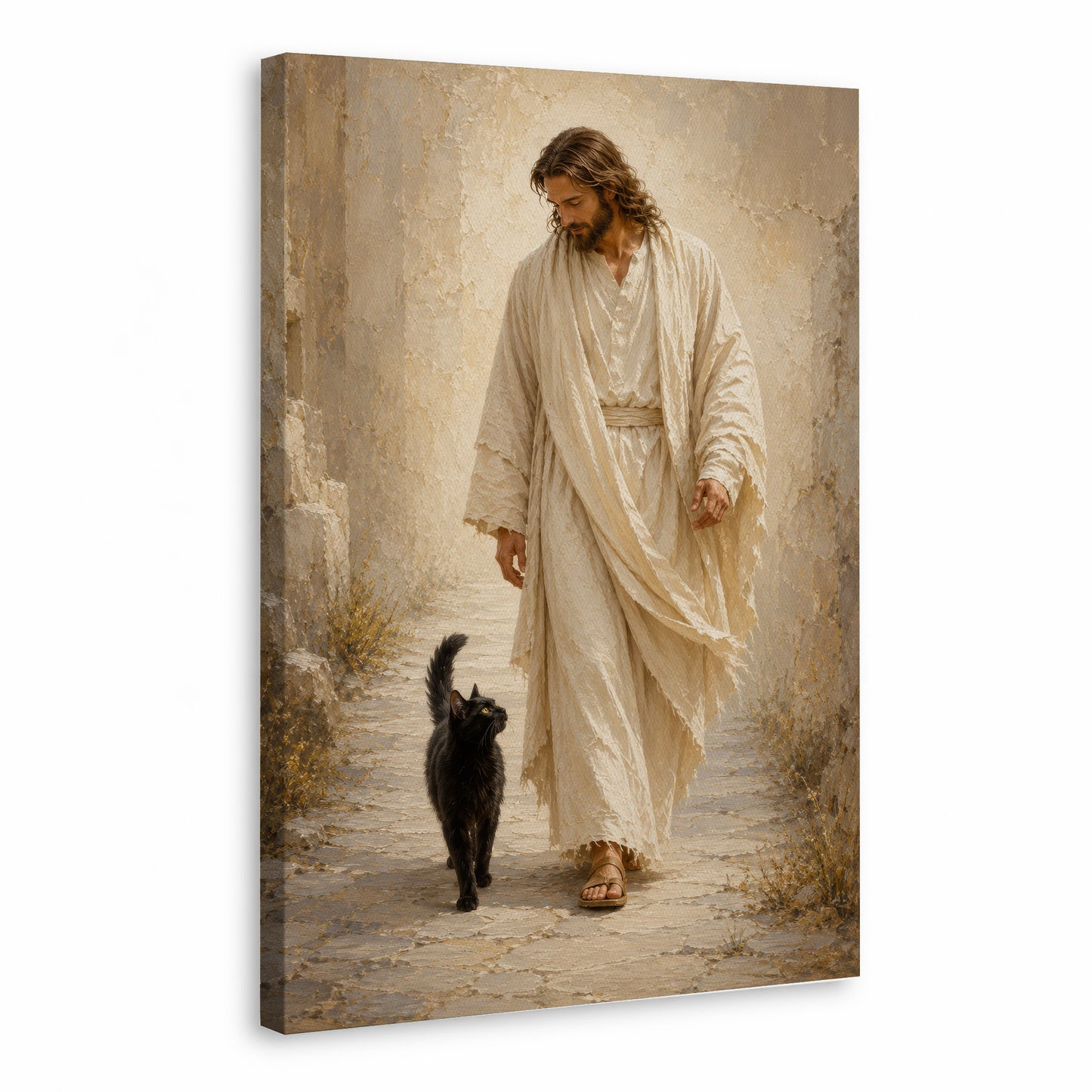 Jesus Walking with Black Cat Inspirational Wall Art Canvas/Poster