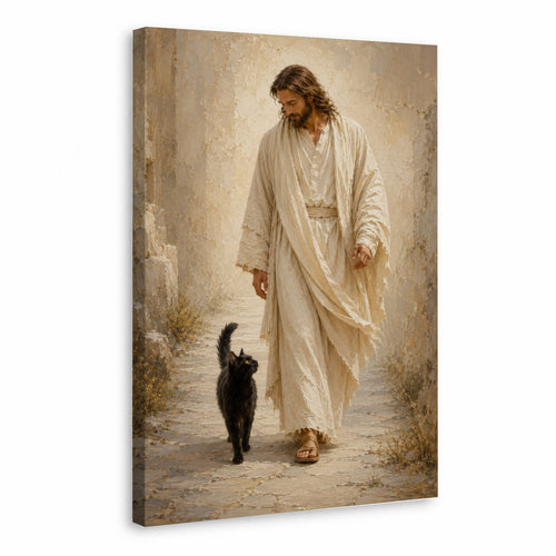 Jesus Walking with Black Cat Inspirational Wall Art Canvas/Poster