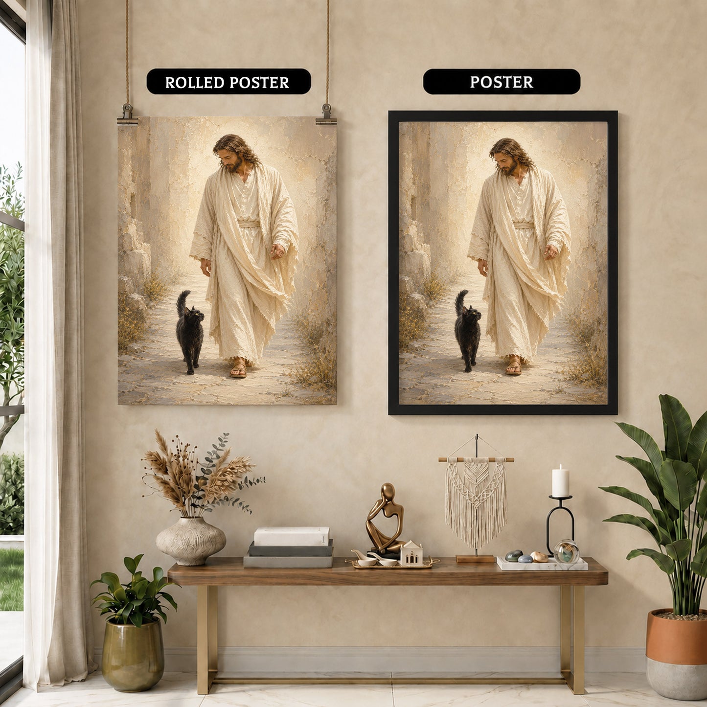 Jesus Walking with Black Cat Inspirational Wall Art Canvas/Poster