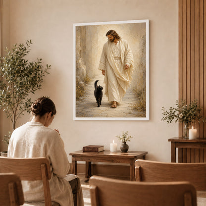 Jesus Walking with Black Cat Inspirational Wall Art Canvas/Poster