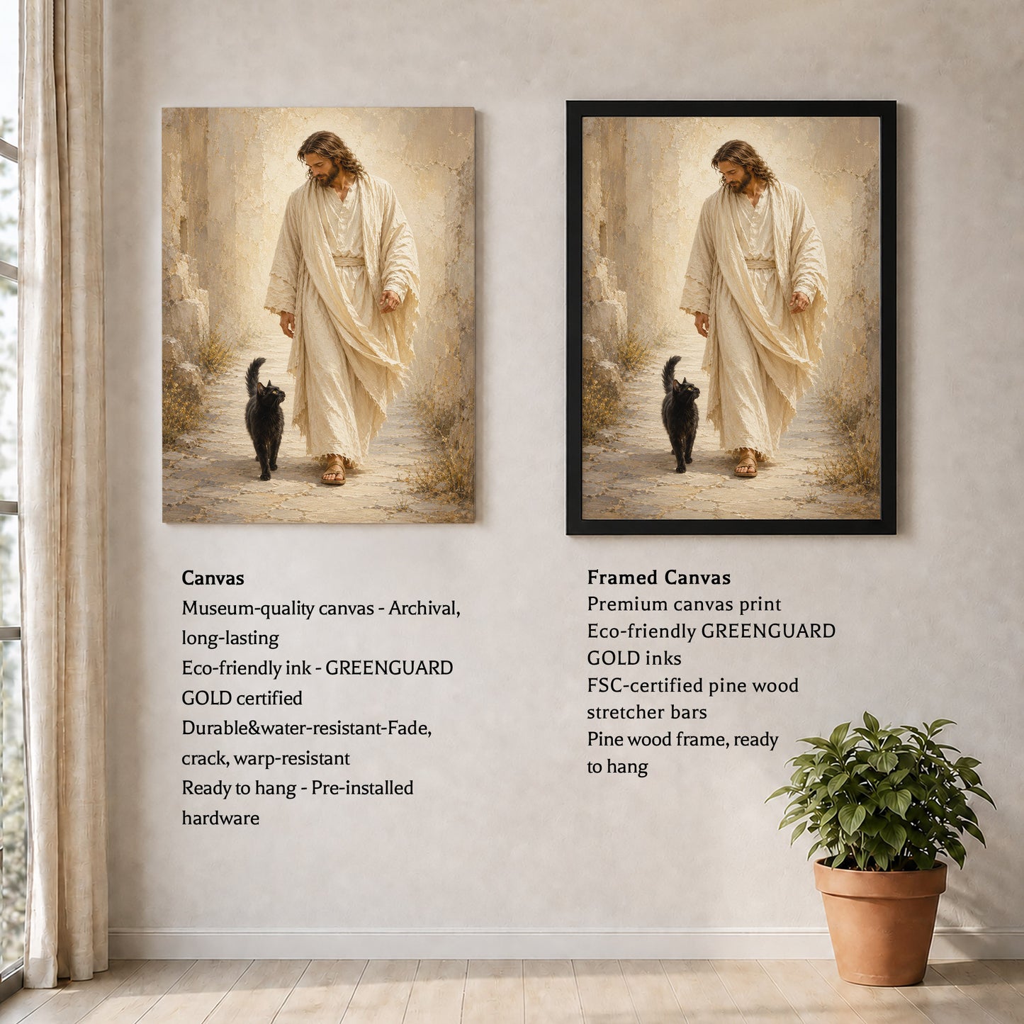 Jesus Walking with Black Cat Inspirational Wall Art Canvas/Poster