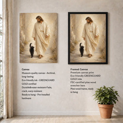 Jesus Walking with Black Cat Inspirational Wall Art Canvas/Poster