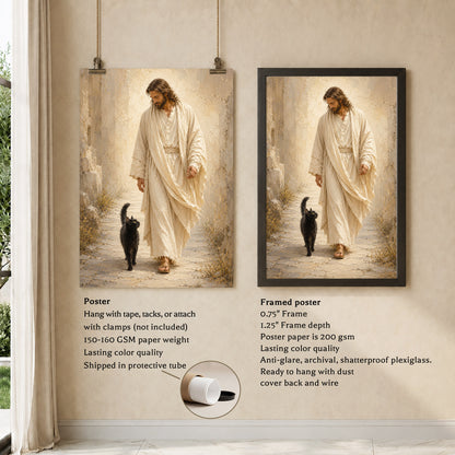 Jesus Walking with Black Cat Inspirational Wall Art Canvas/Poster