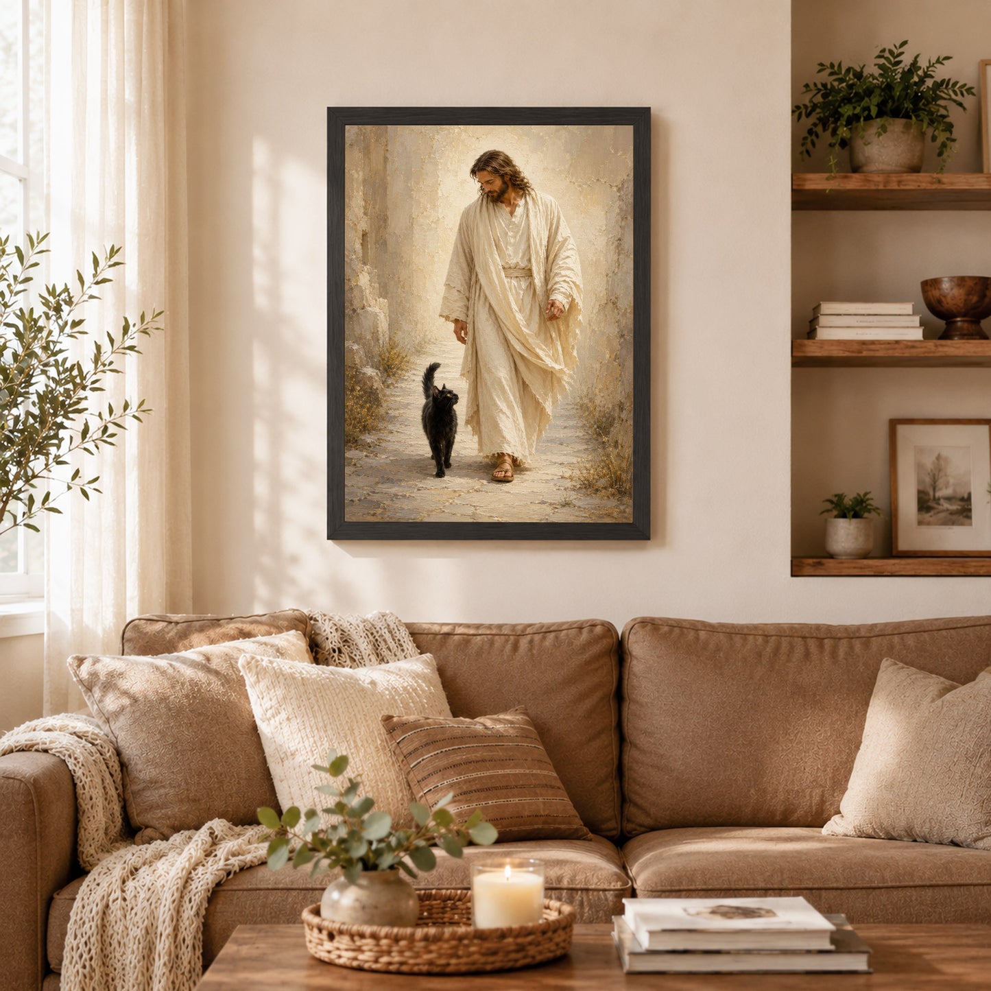 Jesus Walking with Black Cat Inspirational Wall Art Canvas/Poster