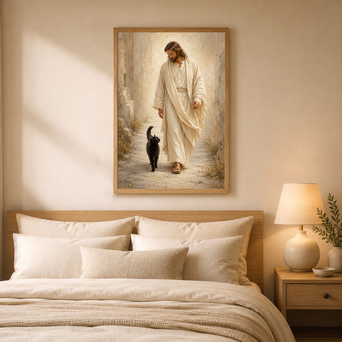 Jesus Walking with Black Cat Inspirational Wall Art Canvas/Poster