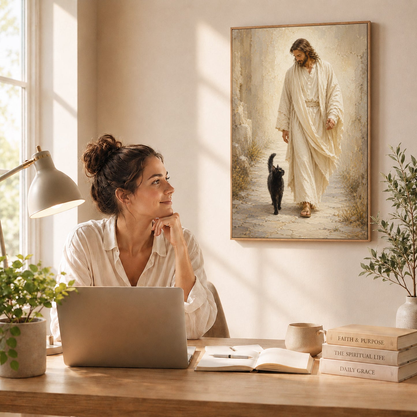 Jesus Walking with Black Cat Inspirational Wall Art Canvas/Poster