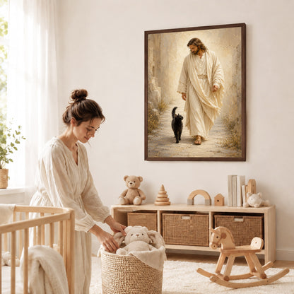 Jesus Walking with Black Cat Inspirational Wall Art Canvas/Poster