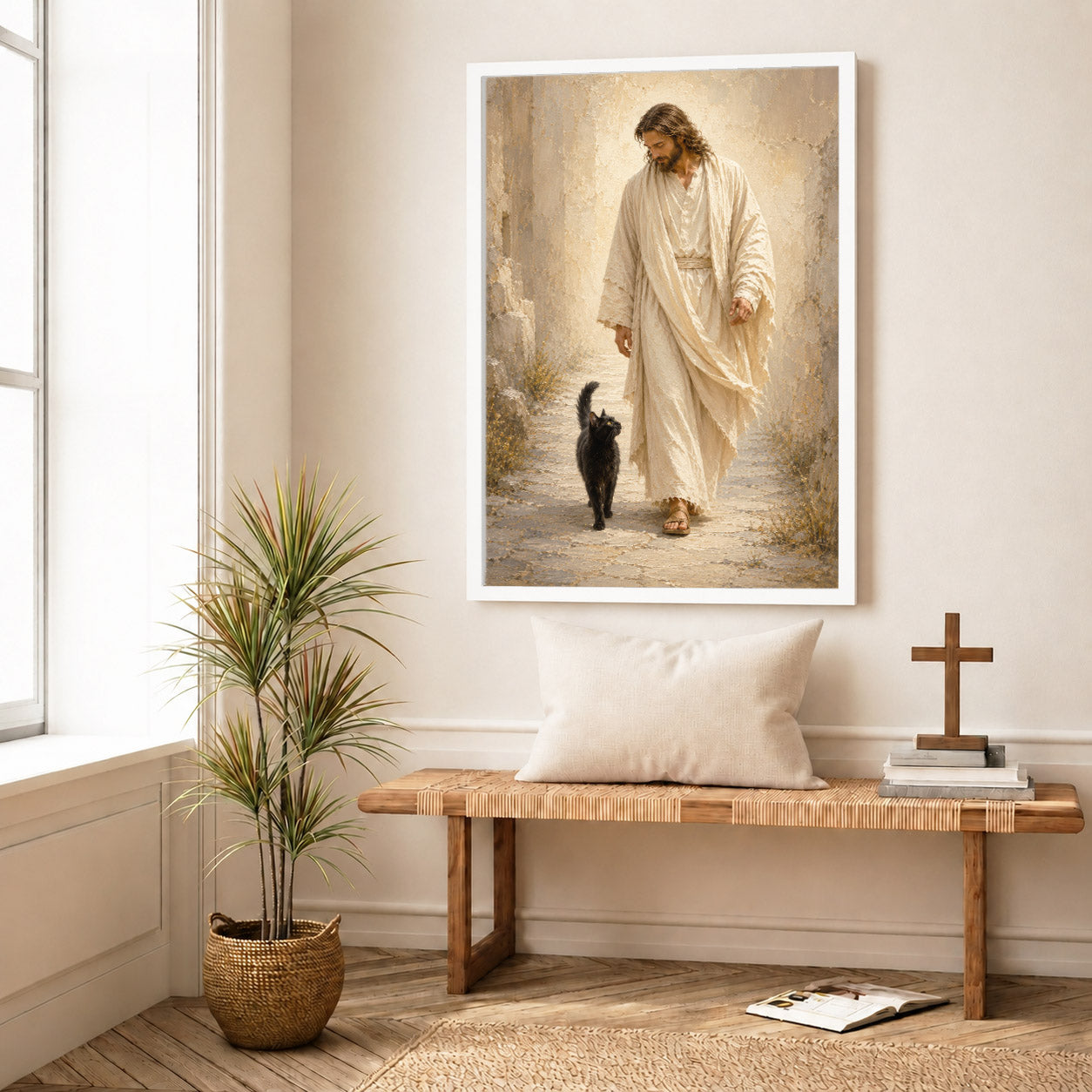 Jesus Walking with Black Cat Inspirational Wall Art Canvas/Poster