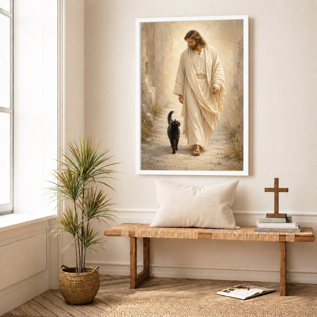 Jesus Walking with Black Cat Inspirational Wall Art Canvas/Poster