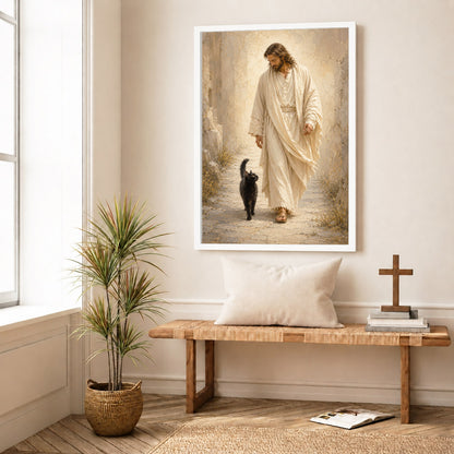 Jesus Walking with Black Cat Inspirational Wall Art Canvas/Poster