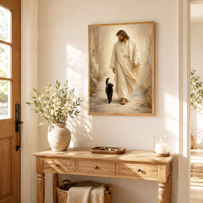 Jesus Walking with Black Cat Inspirational Wall Art Canvas/Poster