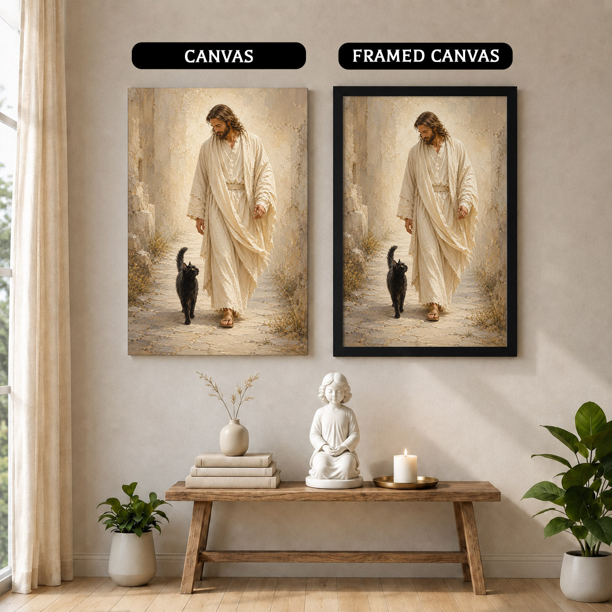 Jesus Walking with Black Cat Inspirational Wall Art Canvas/Poster